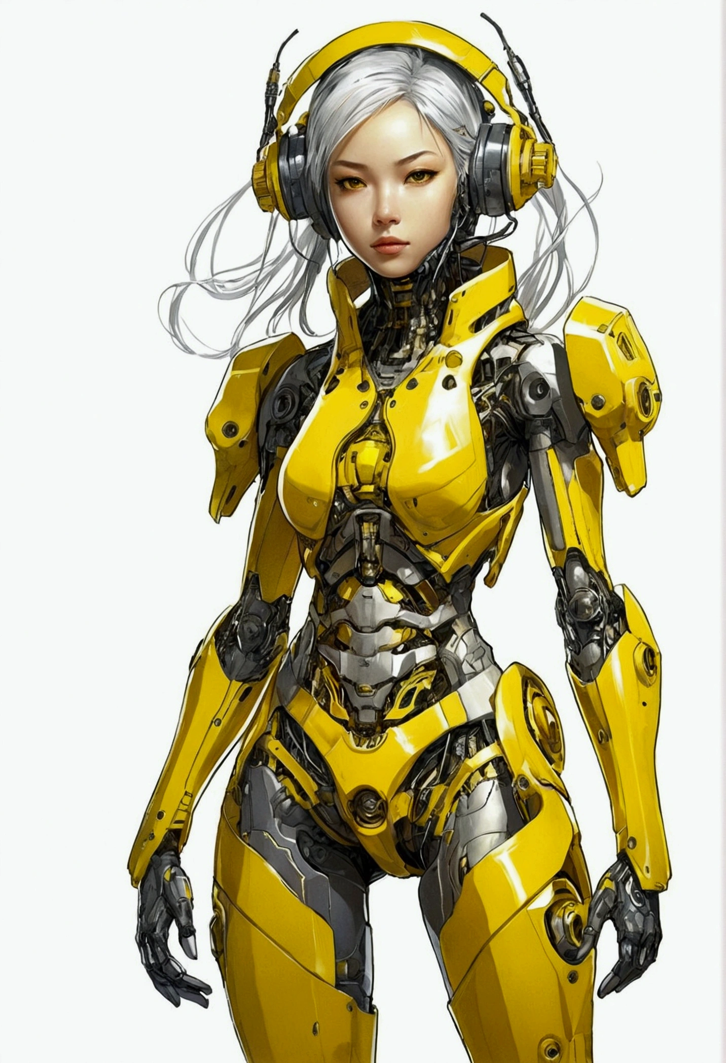 Character design of a girl wearing a yellow cybernetic exoskeleton、Indonesian、Concept Design Sheet、White background、Yoji Shinkawa's style --s 750 --niji 5