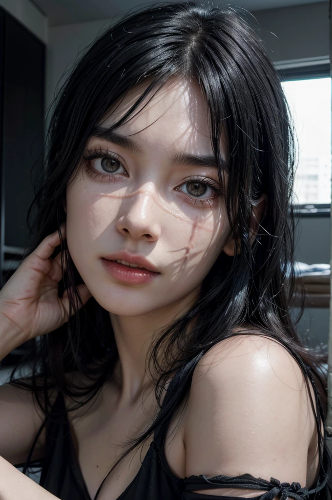 Yoru from chainsaw man , realistic, age 25, pure white skin, drown pupils, black bob long hair, perfect face, perfect size body, large breasts, black and white dress, posing to viewer, 8k , ultra realistic.