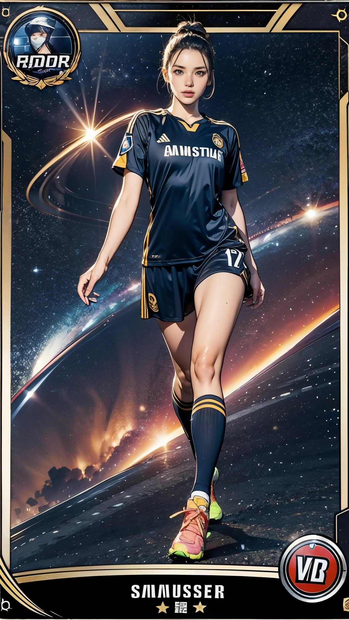 (masterpiece:1.2, Highest quality),(Super detailed),(Highest quality),(High resolution),(Photorealistic Stick),(RAW Photos),8k,wallpaper,(Nanmi women:1.5),(Soccer Player Trading Cards),(((Beautiful trading cards))),((Special trading cards)),((Upper Deck-inspired design)),(Real Madrid shirt),(Soccer Shoes),(((front))),(((whole body:1.5))),(Serious),((Detailed hands)),(((dynamic))),((The background is the galaxy))