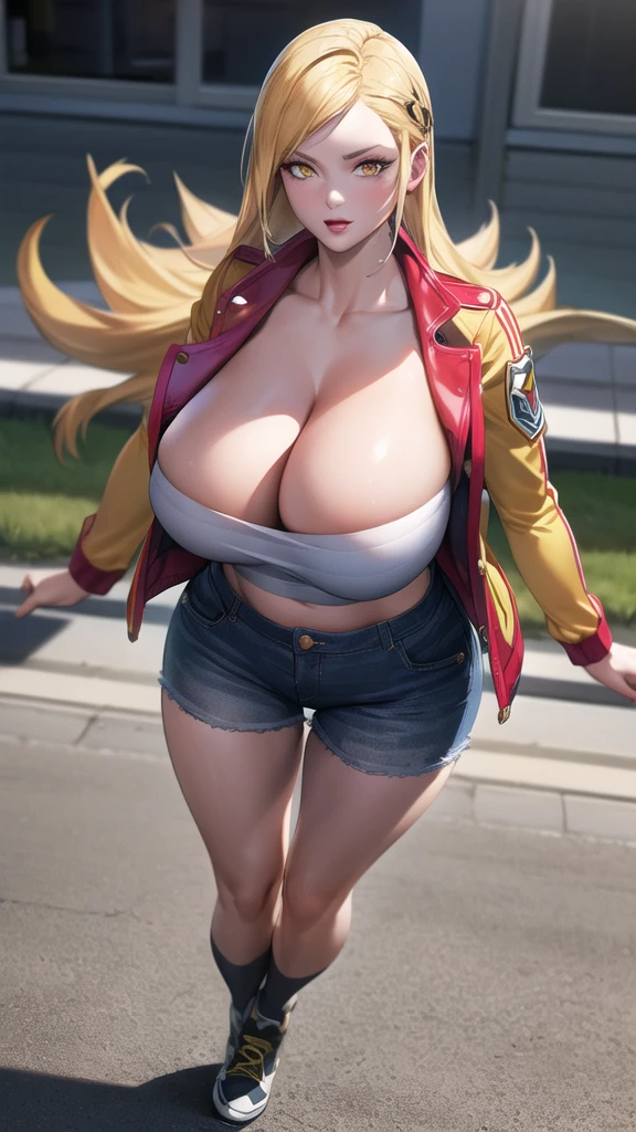 full body, (masterpiece), (best quality), ultra high res, ultra detailed, detailed eyes, intricate, 1girl, blond hair, looking at viewer, huge breasts, cleavage, collarbone, denim, denim shorts, jacket, long sleeves, ((open clothes)), open jacket, partially unzipped, yellow jacket, shirt, short shorts, shorts, tank top, track jacket, unzipped, ((huge breasts, big hips, tight clothes, cleavage, looking at the viewer)), (abs:0.8), blushed, underboob (realistic:1.2), (realism), (masterpiece:1.2), (best quality), (ultra detailed), (8k, 4k, intricate), (85mm), light particles, lighting, (highly detailed:1.2), (detailed face:1.2), (gradients), colorful, (detailed eyes:1.2), (detailed background), detailed landscape, (dynamic angle:1.2), (rule of third_composition:1.3), (Line of action:1.2)