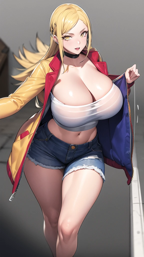 full body, (masterpiece), (best quality), ultra high res, ultra detailed, detailed eyes, intricate, 1girl, blond hair, looking at viewer, huge breasts, cleavage, collarbone, denim, denim shorts, jacket, long sleeves, ((open clothes)), open jacket, partially unzipped, yellow jacket, shirt, short shorts, shorts, tank top, track jacket, unzipped, ((huge breasts, big hips, tight clothes, cleavage, looking at the viewer)), (abs:0.8), blushed, underboob (realistic:1.2), (realism), (masterpiece:1.2), (best quality), (ultra detailed), (8k, 4k, intricate), (85mm), light particles, lighting, (highly detailed:1.2), (detailed face:1.2), (gradients), colorful, (detailed eyes:1.2), (detailed background), detailed landscape, (dynamic angle:1.2), (rule of third_composition:1.3), (Line of action:1.2)