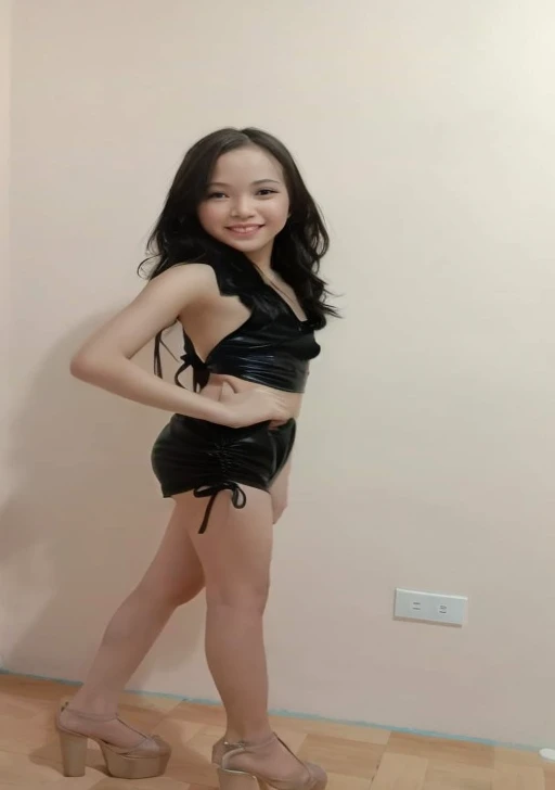 Girl wearing a black dress and high heels posing for a photo., sexy look, pose sexy, chica sexy, 8 years, very sexy outfit, attractive style, High quality charging, wearing leather swimsuit, 9 years