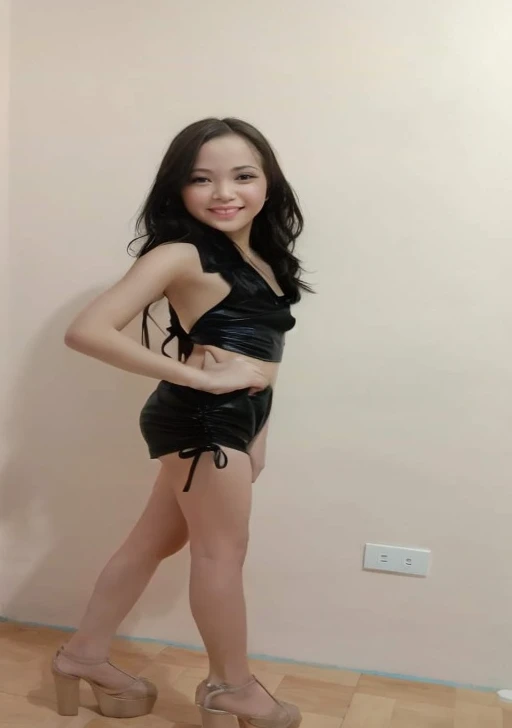 Girl wearing a black dress and high heels posing for a photo., sexy look, pose sexy, chica sexy, 8 years, very sexy outfit, attractive style, High quality charging, wearing leather swimsuit, 9 years