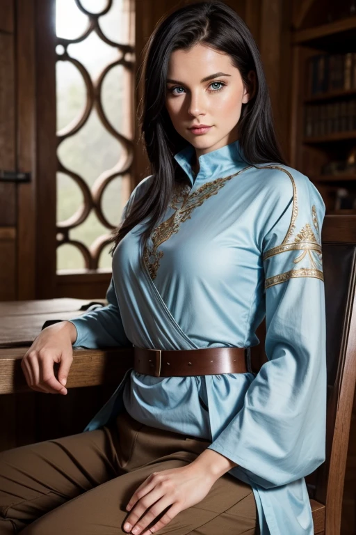 female knight, beautiful woman, black hair, pale skin, light blue eyes, brown tunic and trousers, brown clothes, medieval home, sitting in chair, open fronted tunic, simple chest wrap