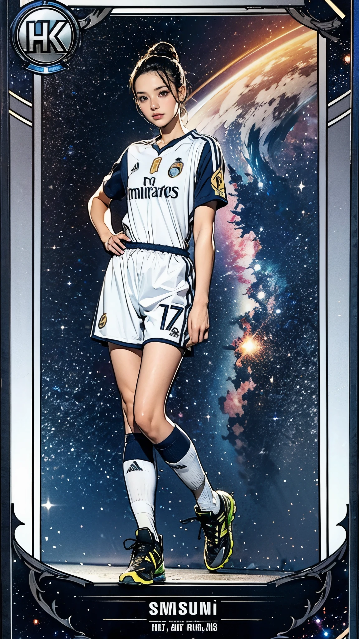 (masterpiece:1.2, Highest quality),(Super detailed),(Highest quality),(High resolution),(Photorealistic Stick),(RAW Photos),8k,wallpaper,(Nanmi women:1.5),(Soccer Player Trading Cards),(((Beautiful trading cards))),((Special trading cards)),((Upper Deck-inspired design)),(Real Madrid shirt),(Soccer Shoes),(((front))),(((whole body:1.5))),(Serious),((Detailed hands)),(((dynamic))),((The background is the galaxy))