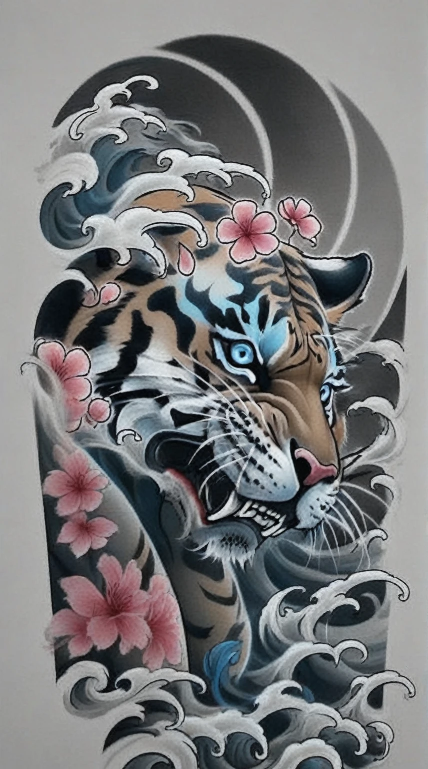 realistic tattoo art of Orange tiger with (((Blue eyes))) with pink sakura petal effect ,he is with open mouth looking very fierce and angry, the background is Japanese wave tattoo, (Unity 16K Wallpaper, masterpiece, Best Quality, high quality, Ultra-detailed, extremely details), a tattoo design, realistic tattoo art of Orange tiger with (((Blue eyes))) with pink sakura petal effect ,he is with open mouth looking very fierce and angry, the background is Japanese wave tattoo, realistic tattoo art of Orange tiger with (((Blue eyes)))