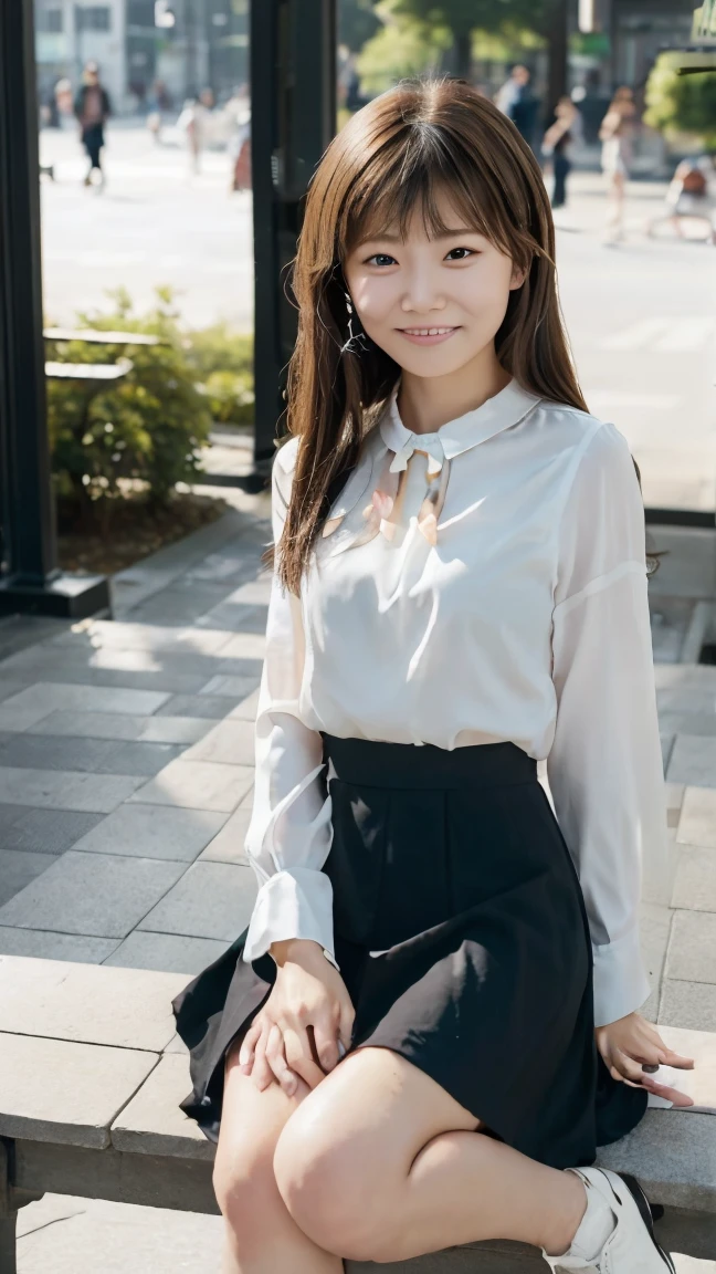 ((from below:1.5)), ((whole body:1.5)), (ultra detailed), (masterpiece), (best quality), Highest quality, Realistic, Surreal, Highest quality, Extremely detailed CG, Very delicate and beautiful, 16K wallpaper, High resolution, 1 Girl, 38歳の日本people々woman, (small eyes:1.5), ((Two very small moles on my right cheek:1.5)), (Skin dents), Medium Chest, (bright), (Professional Lighting), (On University Campus), people々, Long Hair, (bangs:1.5), ((blouse:1.5)), (I wore it:0.8), Nice, bloom, Floating Hair, (Dynamic pose:0.6), Chaoyang, bench, Sitting, Spread your legs, (Shy Smile:1.2), Thin lips, slim, (Highly detailed face), (Highly detailed facial expressions), (Face the front completely:1.5), ((Looking into the camera:1.5)), Slender body, Large file size,
