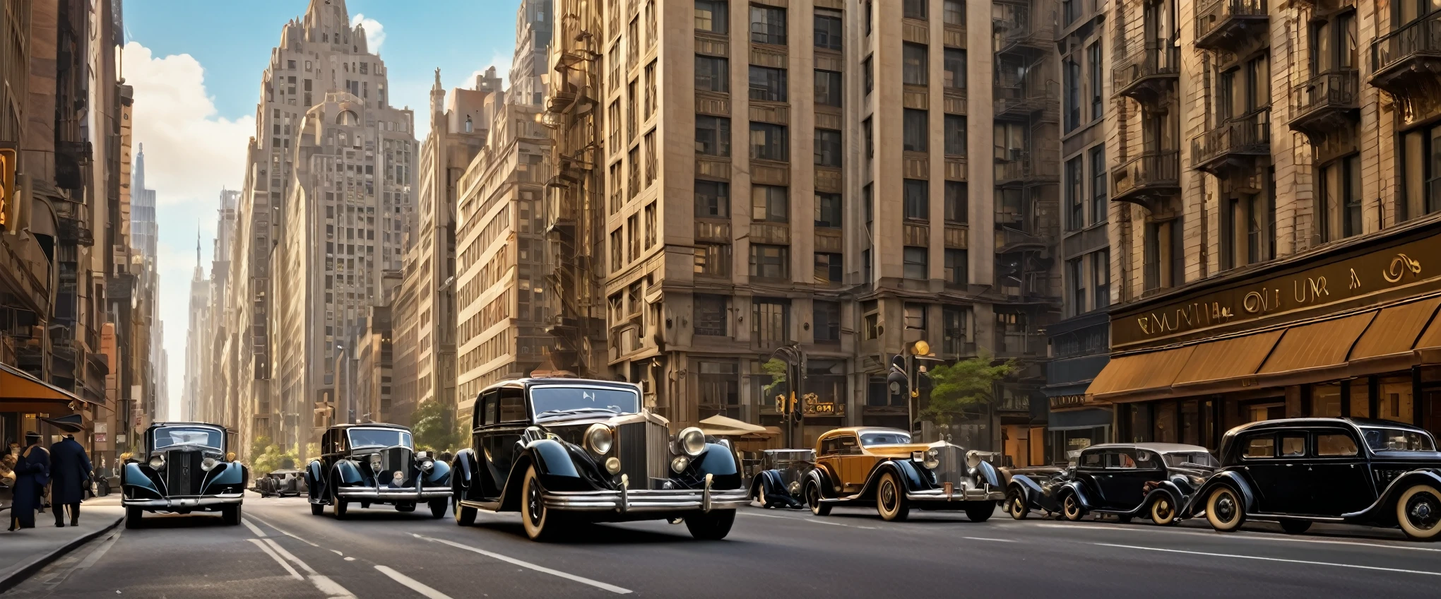 ((masterpiece, high quality,)) the metropolis in the 1920s Art Deco style. Tall buildings with geometric shapes and ornate facades line the streets. Vintage cars and elegantly dressed pedestrians add to the atmosphere of sophistication and glamour, New York City