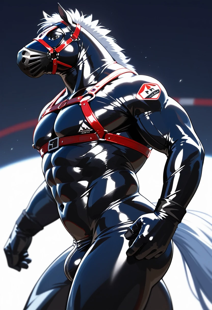 Highest quality, Highest quality, High quality illustrations, masterpiece, Ultra-high resolution, Detailed Background, grassland, Absurd, Perfect Anatomy, performance, Good lighting, Shadows in the movies(kemono, Furry Personifi猫ion), horse, Muscle Body, Rubber Suit, Racing Suits, Red harness, Rubber mask, big null bulge, From the side