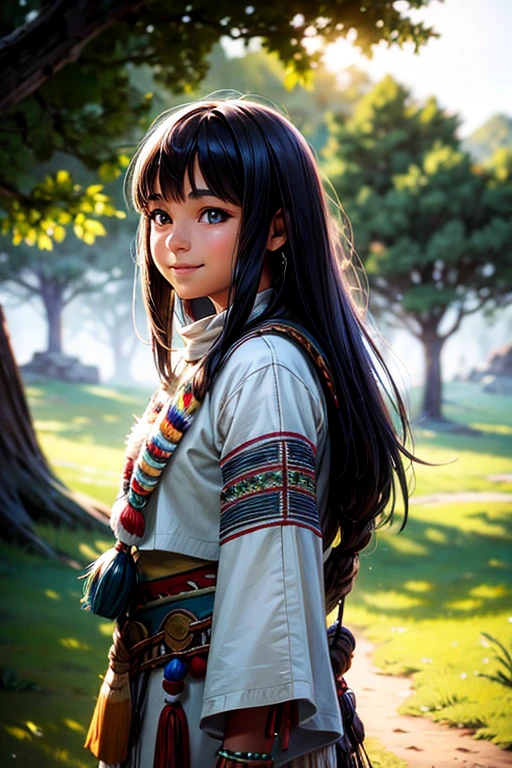 (grainy:0.5), cinematic, girl,native american,fantasy,(solo:1.3), detailed eyes, detailed face, detailed native american clothing , volumetric lighting, dusk, extremely detailed background, standing next to tree, smiling, half closed eyes, tilted head, from side
