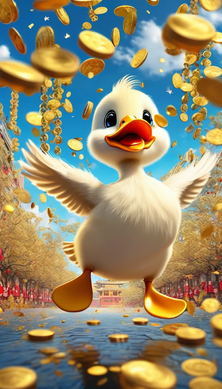 Happy duck,big gold chain,exaggerated expression,exaggerated movements,big furry head,hairy body,sharp claws。Wow...there are many gold coins in the sky,Red and gold confetti flying in the sky,Gold coin rain,cornucopia,A strong festive atmosphere,It was very lively。symmetry