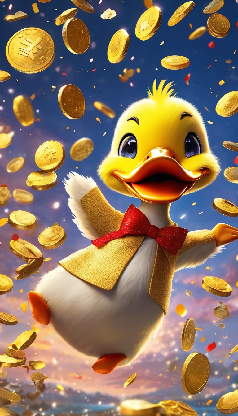 Happy duck,big gold chain,exaggerated expression,exaggerated movements,big furry head,hairy body,sharp claws。Wow...there are many gold coins in the sky,Red and gold confetti flying in the sky,Gold coin rain,cornucopia,A strong festive atmosphere,It was very lively。symmetry