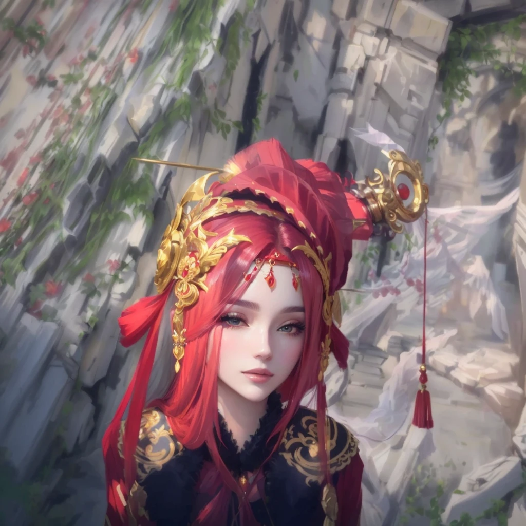 There is a woman wearing a red headdress and a red hat., Golden Circlet, Glamorous Hair, wearing gilded ribes, Ornate headdress, Ornate headdress, Gorgeous and huge headdress, hair ornaments, colonnade Ornate headdress, 華やかなhair ornaments, Coral headdress, Fancy hairstyle, Mesh headdress, Ethereal Hair, Ornate turban