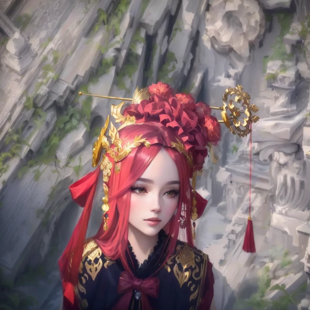 There is a woman wearing a red headdress and a red hat., Golden Circlet, Glamorous Hair, wearing gilded ribes, Ornate headdress, Ornate headdress, Gorgeous and huge headdress, hair ornaments, colonnade Ornate headdress, 華やかなhair ornaments, Coral headdress, Fancy hairstyle, Mesh headdress, Ethereal Hair, Ornate turban