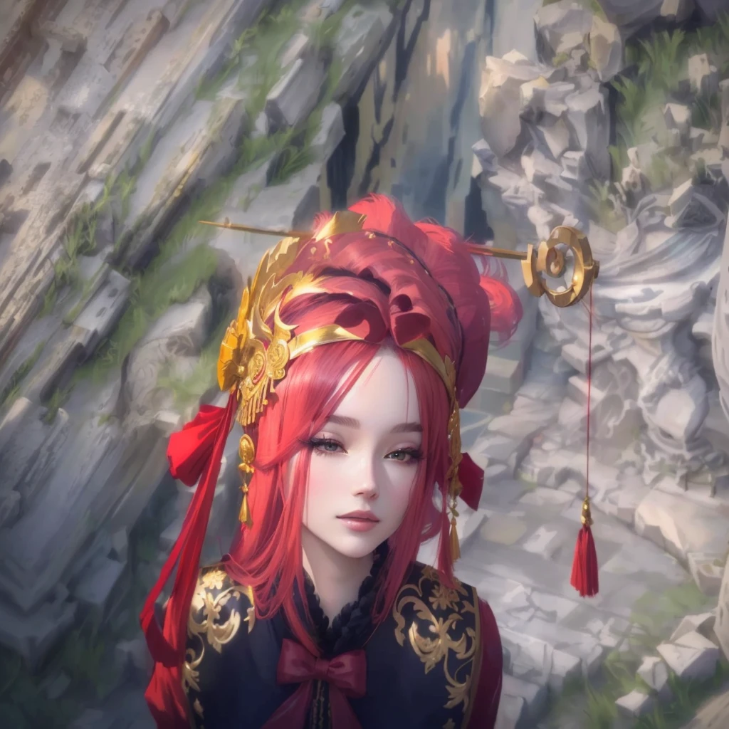 There is a woman wearing a red headdress and a red hat., Golden Circlet, Glamorous Hair, wearing gilded ribes, Ornate headdress, Ornate headdress, Gorgeous and huge headdress, hair ornaments, colonnade Ornate headdress, 華やかなhair ornaments, Coral headdress, Fancy hairstyle, Mesh headdress, Ethereal Hair, Ornate turban