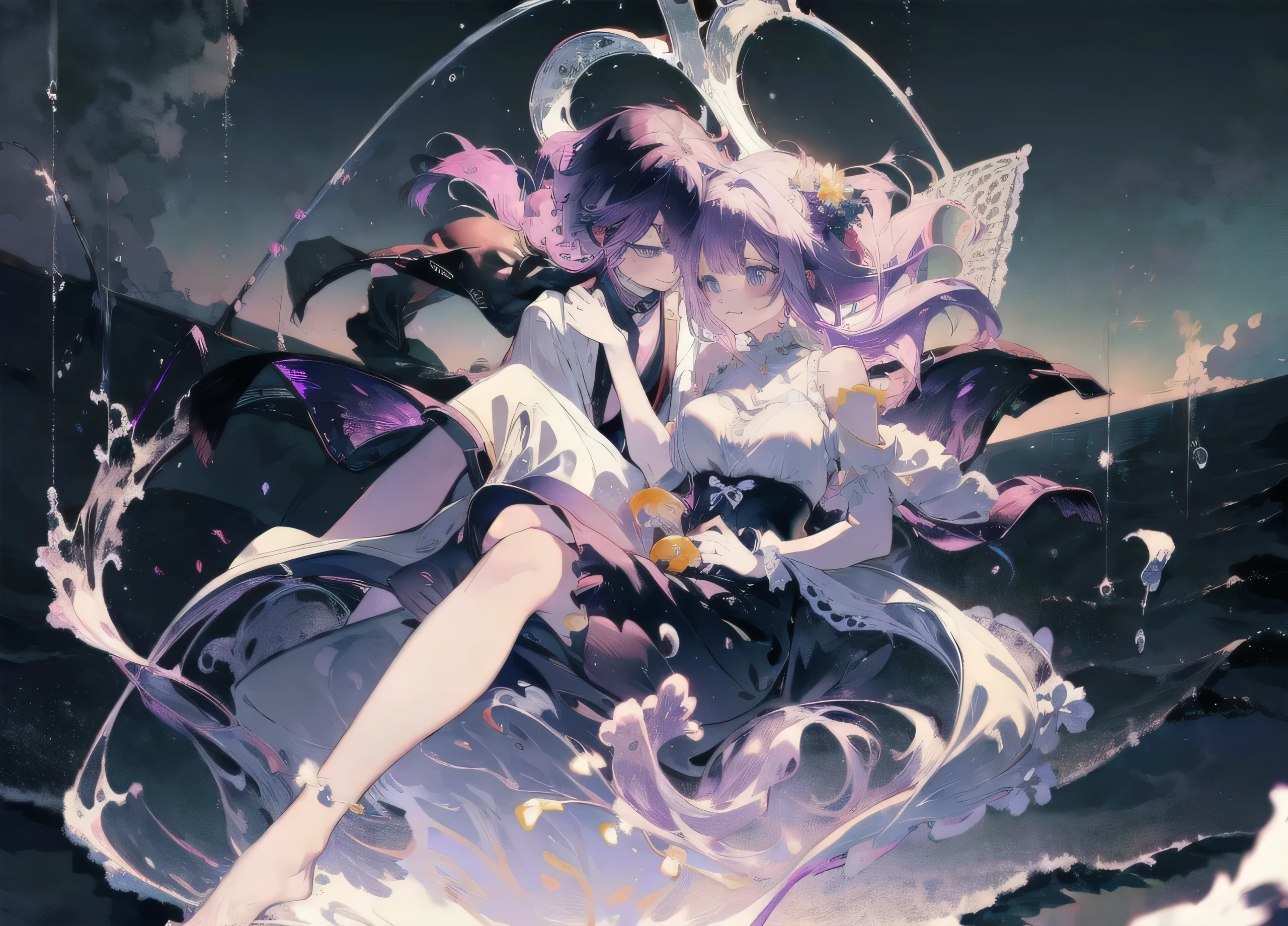 Two girls touching lips,A girl with purple hair,Transparent purple eyes,Another girl with yellow hair,Clear blue eyes,Medieval Lolita Style Clothing,Sit and hug,Look at each other affectionately,Cool,Violet,iris,Sunshine,Surrounded by greenery,Transparent stream flowing,Tyndall effect,Light up the fire,starlight:1.8,Clear shape,Detailed description of appearance:Perfect beautiful clear appearance,Normal human body,Transparent colors,Transparent green,Light color strokes,{{{Transparent color:3.3}}}softbrush:1.8,Transparent character details,Perfect light color,pure,Transparent colors,greenish blue,suspended congress, face focus, standing, hug, leg lock, breast press,straddling,arms around neck, lifting person
