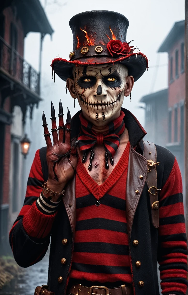Horror-themed movies,Ultra HD、Amazing image quality,4k、Steampunk Cityscape、A Nightmare on Elm Street、Freddy、Wearing a hat、Burned skin、Iron Claw Weapon、Burnt Face、Red and black striped sweater、nails are long、Blood droplets、Full Body Shot,Give the viewer a malicious look, Grabbing Viewer, For the viewer,Misty marshland background,Shallow depth of field, Vignette, Very detailed, High budget, Bokeh, CinemaScope, Sulky, amazing, nice, Film Grain, granular . Creepy, Anxious, dark, Creepyな, Suspenseful, strict, Very detailed