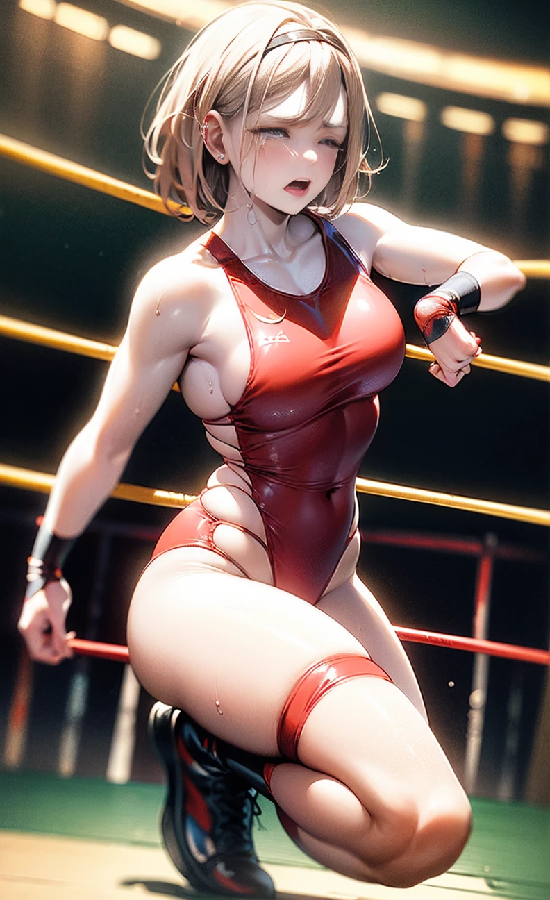 full body photographed、(highly detailed:1.2) ,ultra-detailed,top-quality,hight resolution,Female professional wrestler　 wrestling shoes　Knee pad　elbow pad　Professional Wrestling Ring　three ring rope　2mature woman　light brown hair　Drooping eyes　　highleg simpleleotard　　skinny　　mature face　　fighting, suffering face:1.2,crying,wailing,wet body,Steam,rough breath,eyes closed,mouth open,pee