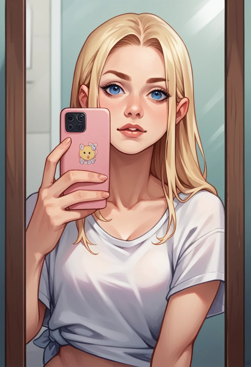 Realistic very realistic girl with blonde hair, blue eyes, 18 years old, taking a _mirror selfie