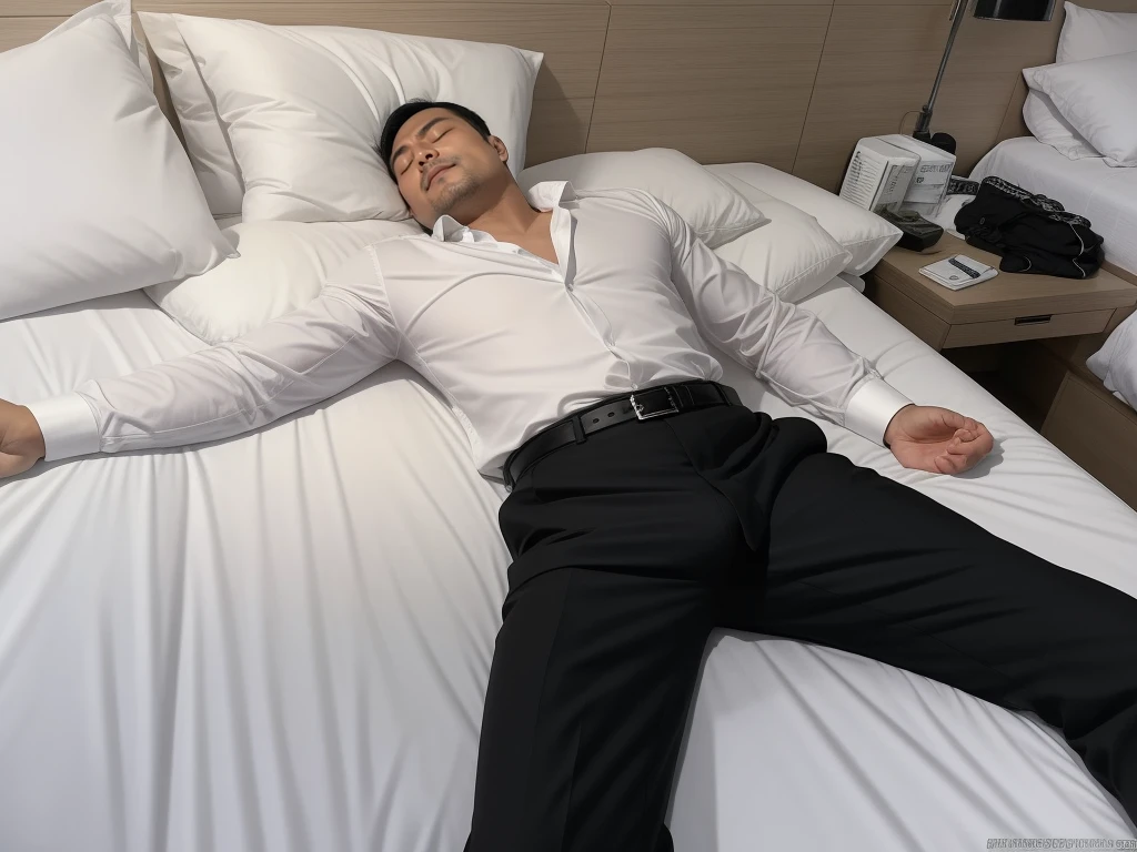 Drunk man with eyes closed and unconscious、Black suit、50 years old、Black Hair、Short Hair、Handsome、Asian Face、Spreading her legs、Socks are black