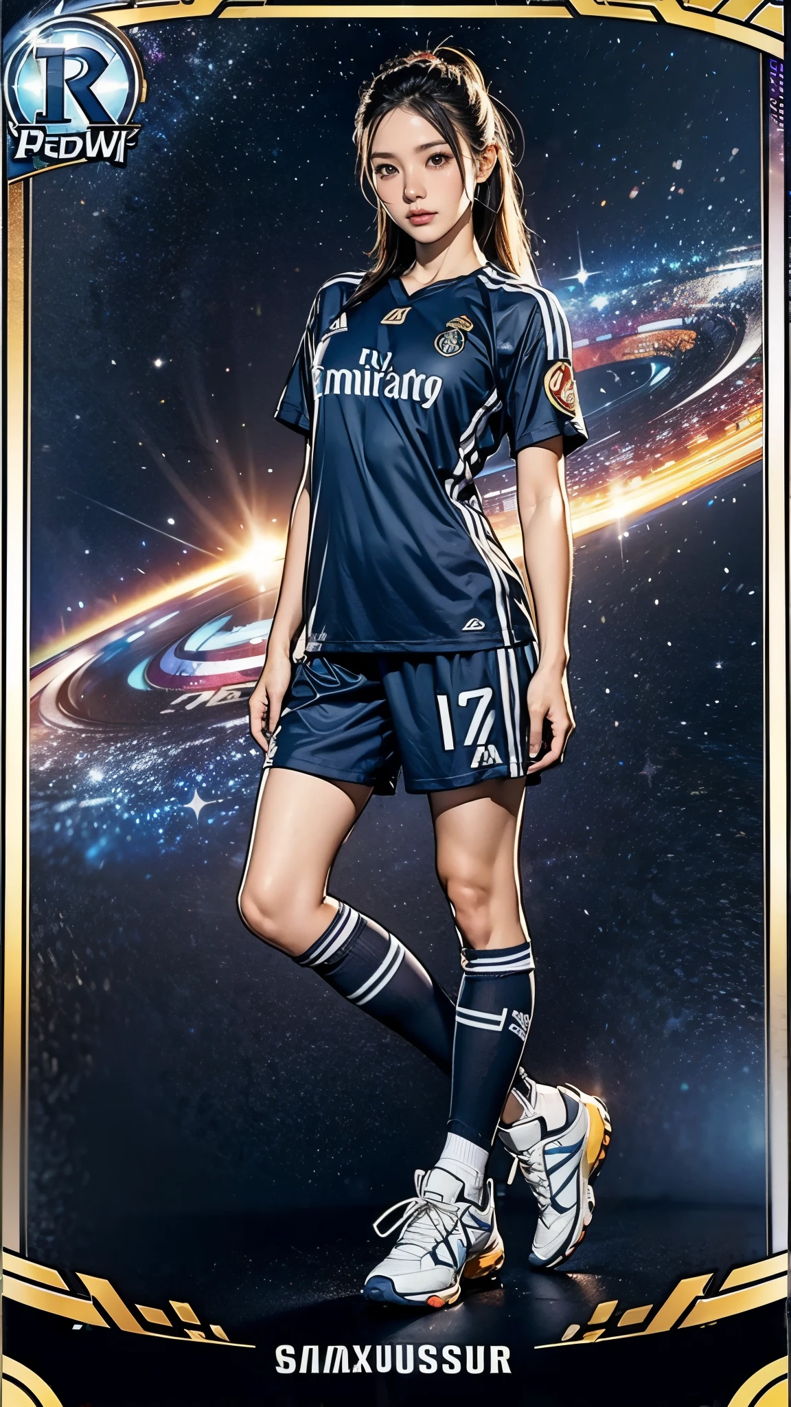 (masterpiece:1.2, Highest quality),(Super detailed),(Highest quality),(High resolution),(Photorealistic Stick),(RAW Photos),8k,wallpaper,(Asian Woman:1.5),(Soccer Player Trading Cards),(((Beautiful trading cards:1.2))),((Special trading cards:1.3)),((Upper Deck-inspired design:1.2)),(Real Madrid shirt),(Soccer Shoes),(((front))),(((whole body:1.5))),(Serious),((Detailed hands)),(((dynamic))),(((The background is the galaxy)))