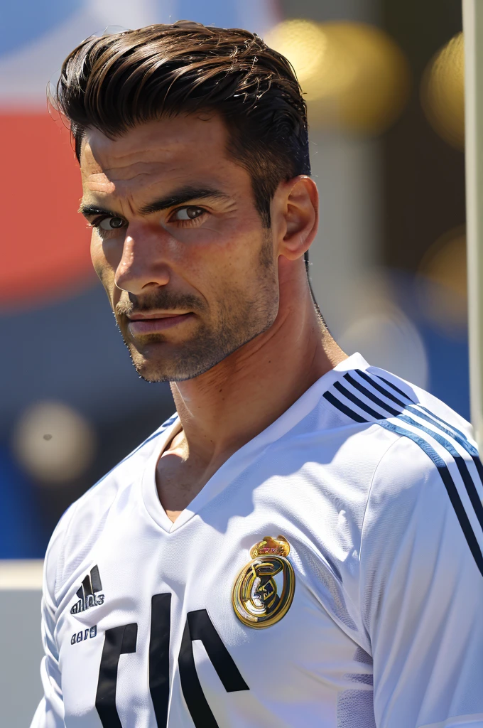 {{{Real Madrid}}}, light, {{Adidas golden line soccer jersey on white background}}, {{{best quality}}}, {{{realistic}}}, {{{Detailed facial description}}}, realistic 눈동자, {{handsome western man}}, realistic 유니폼 주름, football을 들고 있는, {{{Real Madrid}}}, {{{soccer stadium}}}, football