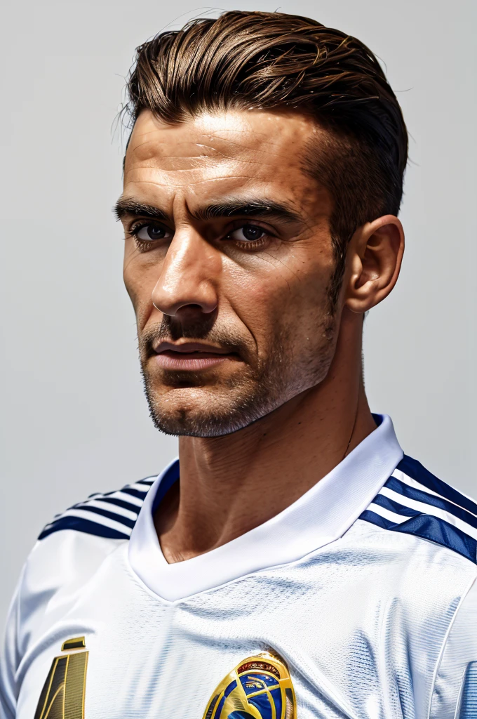 {{{Real Madrid}}}, light, {{Adidas golden line soccer jersey on white background}}, {{{best quality}}}, {{{realistic}}}, {{{Detailed facial description}}}, realistic 눈동자, {{handsome western man}}, realistic 유니폼 주름, football을 들고 있는, {{{Real Madrid}}}, {{{soccer stadium}}}, football