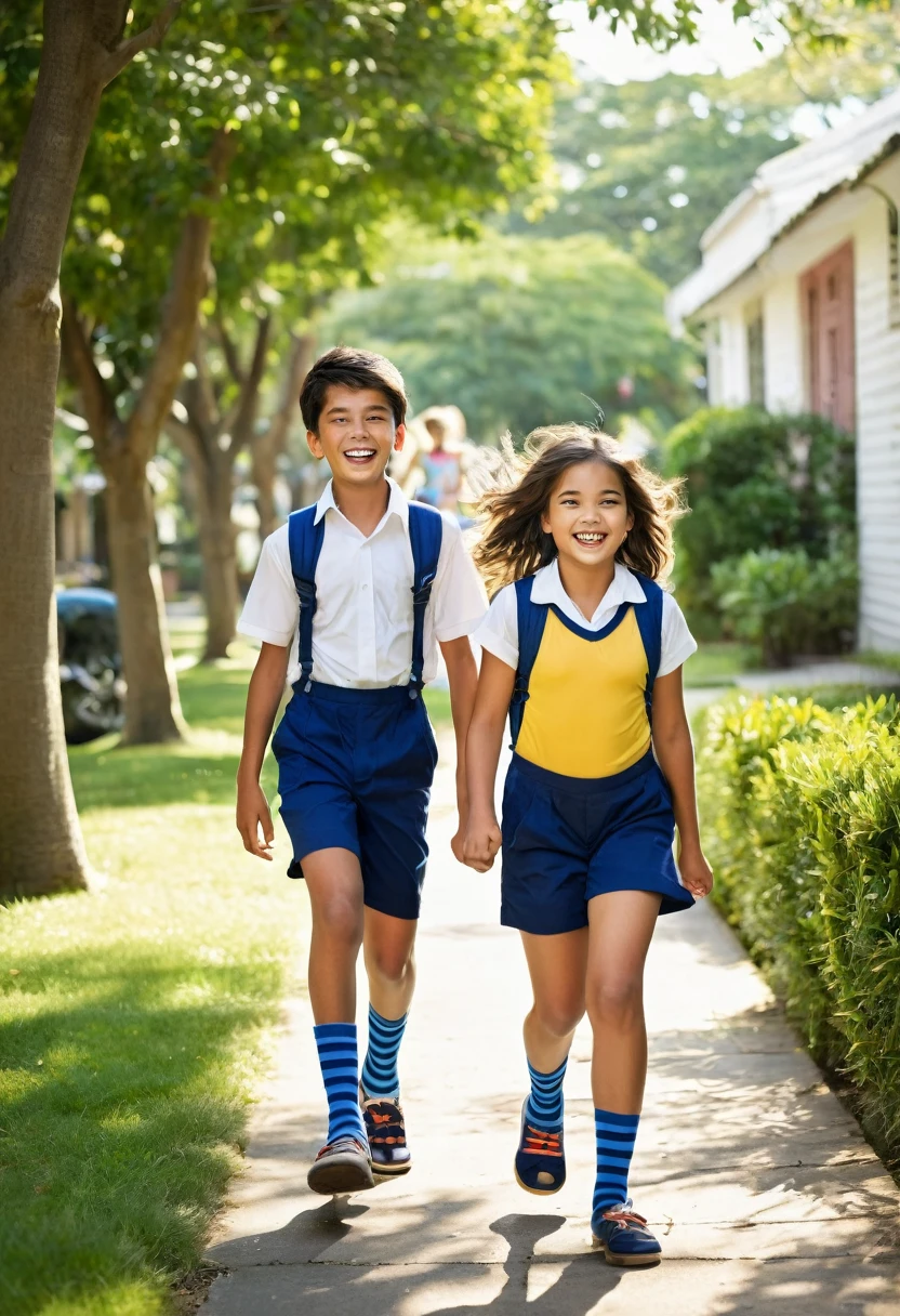 A lively scene of a brother and sister playfully walking to school on a warm, sunny morning. The siblings are dressed in their distinct school uniforms which harmoniously blend comfort and style. The brother, with a mischievous smile, sports a pair of blue shorts that match his blue and white striped socks, which peek out from under his crisp, folded-up trousers. His sleeveless shirt is a bright shade of yellow, allowing the freedom of movement and showcasing his toned arms as he swings his backpack over his shoulder. On the other hand, the sister, equally cheerful, wears a red swimsuit underneath her school attire, hinting at an exciting swimming lesson or pool party awaiting her later in the day. Her outfit is complemented by a pair of white ankle socks and black shoes that are polished to perfection. The contrast between the brother's sleeveless shirt and the sister's swimsuit adds an unexpected twist to the typical look, highlighting their unique personalities and shared excitement for the day's adventures. Their youthful energy is palpable as they stride side by side, the brother slightly ahead, possibly racing her to the school gates. The vibrant colors of their clothing pop against the serene backdrop of a well-maintained suburban street lined with green trees, casting dappled shadows on the pavement. The siblings' laughter fills the air, creating a heartwarming portrait of sibling camaraderie and the joy of a carefree childhood.
