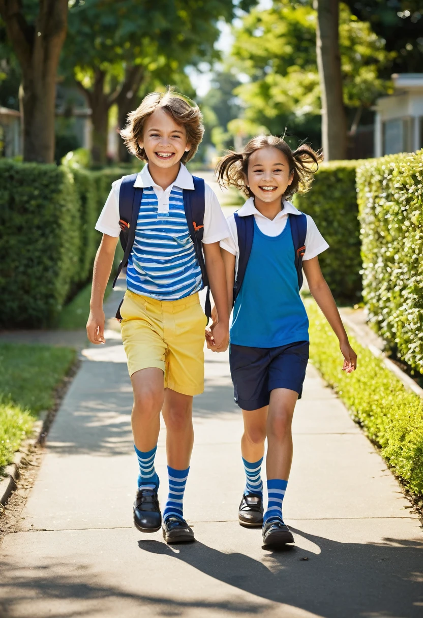 A lively scene of a brother and sister playfully walking to school on a warm, sunny morning. The siblings are dressed in their distinct school uniforms which harmoniously blend comfort and style. The brother, with a mischievous smile, sports a pair of blue shorts that match his blue and white striped socks, which peek out from under his crisp, folded-up trousers. His sleeveless shirt is a bright shade of yellow, allowing the freedom of movement and showcasing his toned arms as he swings his backpack over his shoulder. On the other hand, the sister, equally cheerful, wears a red swimsuit underneath her school attire, hinting at an exciting swimming lesson or pool party awaiting her later in the day. Her outfit is complemented by a pair of white ankle socks and black shoes that are polished to perfection. The contrast between the brother's sleeveless shirt and the sister's swimsuit adds an unexpected twist to the typical look, highlighting their unique personalities and shared excitement for the day's adventures. Their youthful energy is palpable as they stride side by side, the brother slightly ahead, possibly racing her to the school gates. The vibrant colors of their clothing pop against the serene backdrop of a well-maintained suburban street lined with green trees, casting dappled shadows on the pavement. The siblings' laughter fills the air, creating a heartwarming portrait of sibling camaraderie and the joy of a carefree childhood.