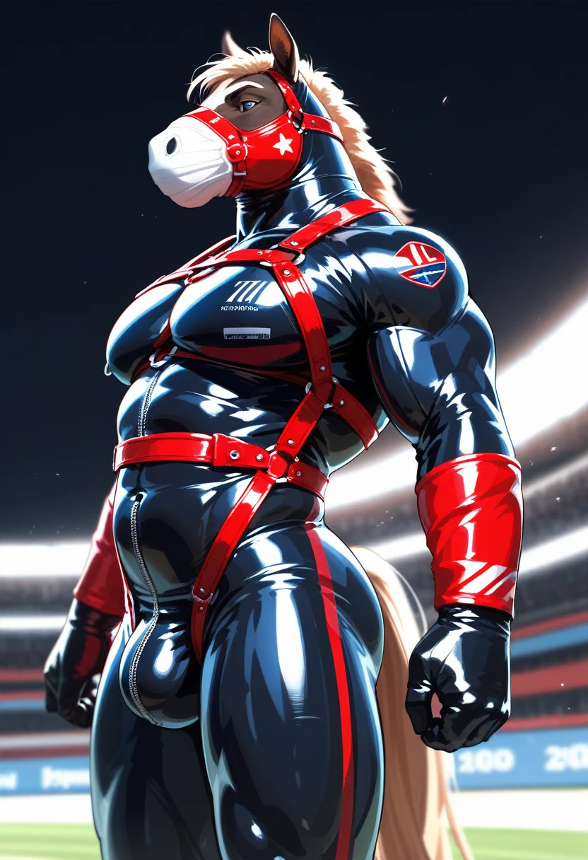 Highest quality, Highest quality, High quality illustrations, masterpiece, Ultra-high resolution, Detailed Background, grassland, Absurd, Perfect Anatomy, performance, Good lighting, Shadows in the movies(kemono, Furry Personifi猫ion), horse, Muscle Body, Rubber Suit, Racing Suits, Red harness, Rubber mask, big null bulge, From the side