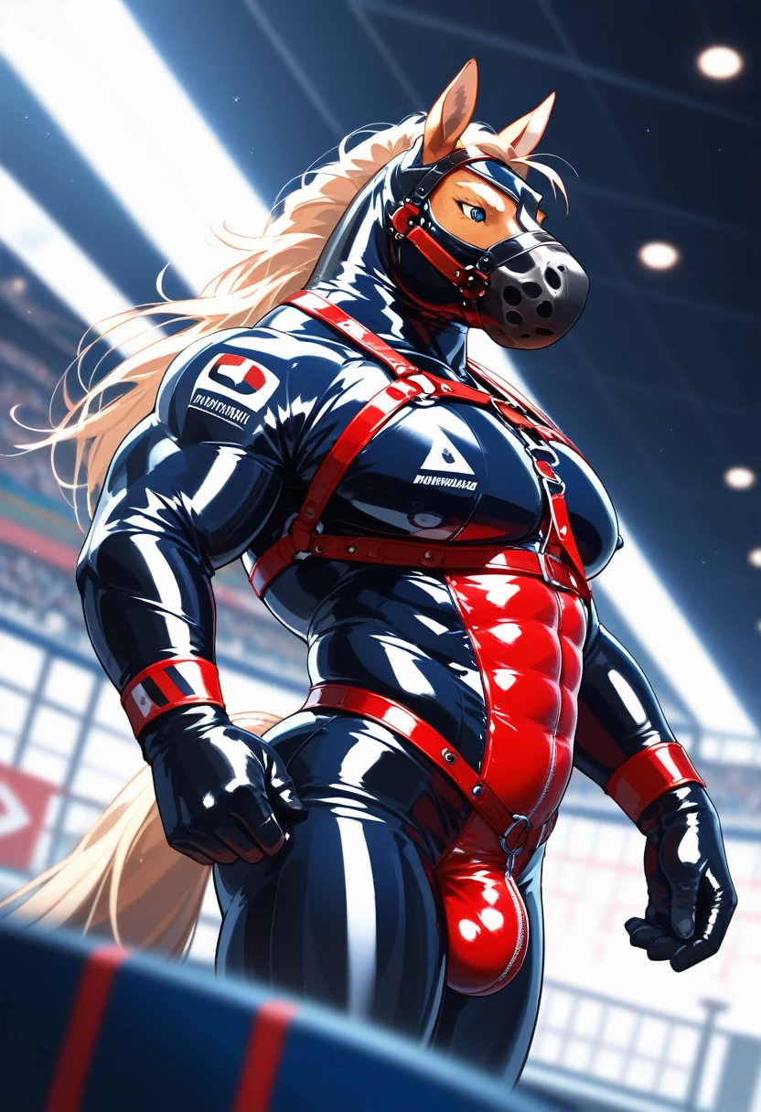 Highest quality, Highest quality, High quality illustrations, masterpiece, Ultra-high resolution, Detailed Background, grassland, Absurd, Perfect Anatomy, performance, Good lighting, Shadows in the movies(kemono, Furry Personifi猫ion), horse, Muscle Body, Rubber Suit, Racing Suits, Red harness, Rubber mask, big null bulge, From the side