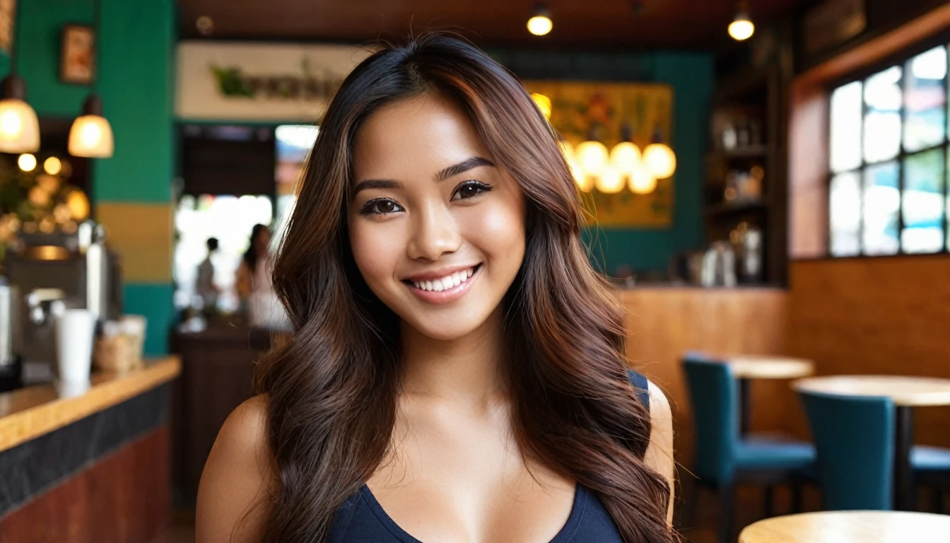 Illustrate a photo-realistic image of a slender, Hispanic-Filipina woman, 27 years old, she has a flirtatious smile on her average-looking facial features. She has long, waist-length thick hair and tanned brown skin. :: she is standing in a coffee shop in the Philippines. She sports a small, casual skirt. :: captured with a photographic quality and bokeh effect using a 2.8 aperture depth of field. The image should vividly capture her facial expressions and hair details in a medium shot composition.