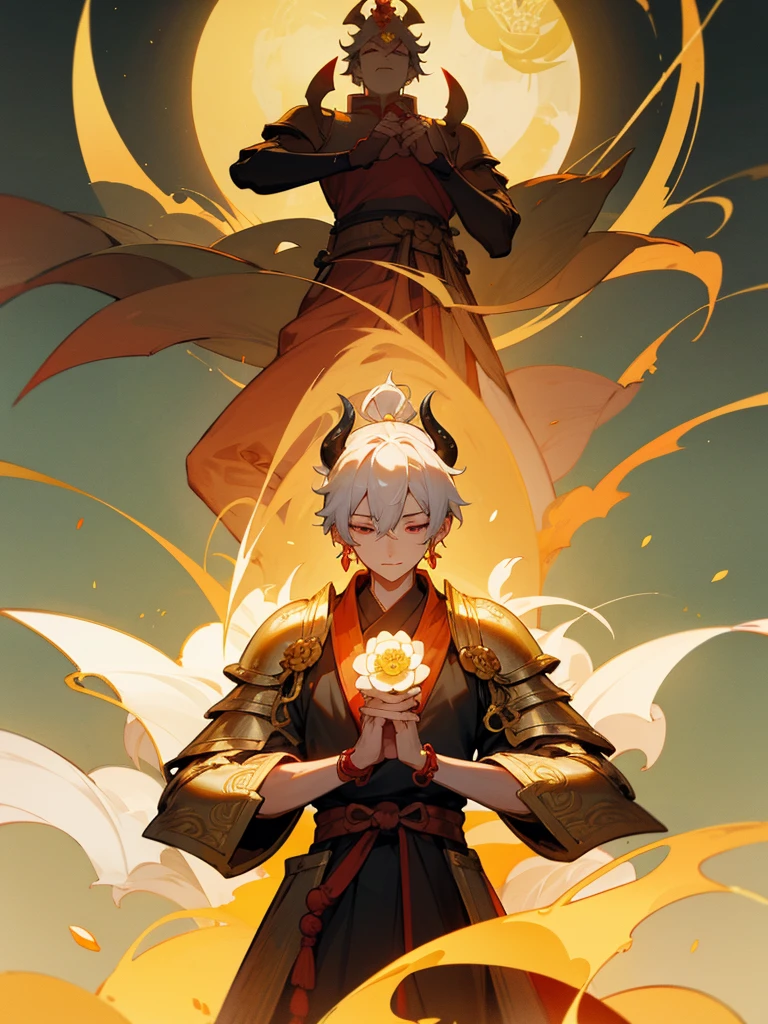 Dragon God Kannon Bodhisattva,Burning Eyes, horn, white short hair, black armor, torii, man, full moon, hands together in prayer, Zen meditation Golden guardian dog iPhone Lotus flower field Paradise 機械