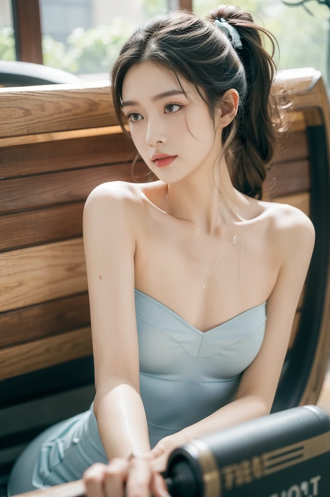 (((best quality))),(((ultra detailed))),(((masterpiece))),illustration,(1 beautiful girl,solo),((slim,thin)),((small breasts,flat chest)),(blush:1.5),summer afternoon,living room,sanctuary of tranquility,fitness,grace,(short ponytail:1.2),effortless elegance,((strapless light blue bra)),youthful radiance,enchanting,inspiring,(sitting on treadmill:1.3),body drenched in perspiration,(sweat:1.5),dedication,inner strength,determination,composed,focused,eyes,lush potted plant,greenery,life,vitality,soft sunlight,warm patches of light,wooden floor,fragrant cookies,cozy ambiance,attire,functional,fashionable,comfort,flexibility,curves,lightweight material,unrestricted movement,grip,treadmill's belt,propel,forward,serene expression,slight smile,lips,focused on horizon,visualizing goals,dreams,radiant beauty, comfortable clothing,determined spirit,captivating,inspiring image,essence of summertime fitness,self-care,((from front,close-up of face))