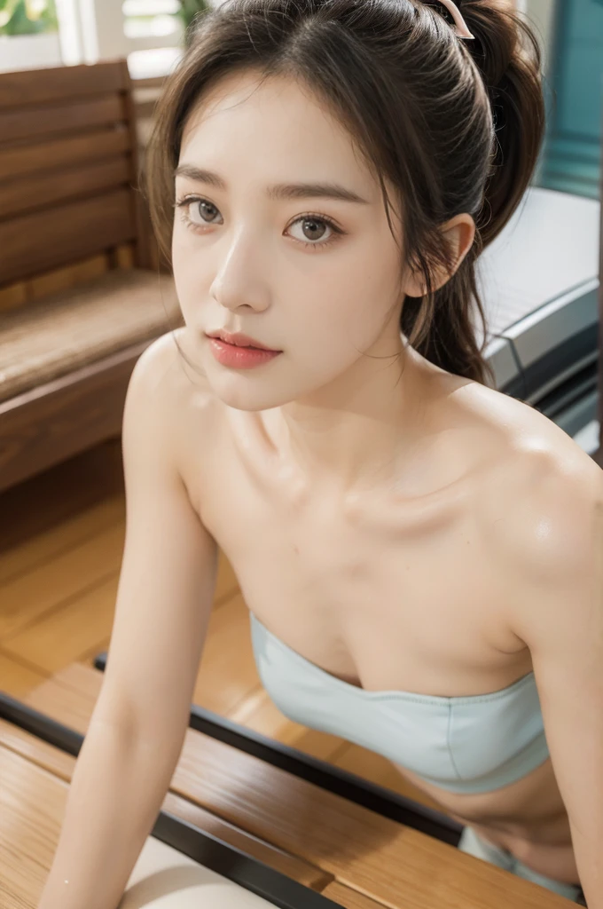 (((best quality))),(((ultra detailed))),(((masterpiece))),illustration,(1 beautiful girl,solo),((slim,thin)),((small breasts,flat chest)),(blush:1.5),summer afternoon,living room,sanctuary of tranquility,fitness,grace,(short ponytail:1.2),effortless elegance,((strapless light blue bra)),youthful radiance,enchanting,inspiring,(sitting on treadmill:1.3),body drenched in perspiration,(sweat:1.5),dedication,inner strength,determination,composed,focused,eyes,lush potted plant,greenery,life,vitality,soft sunlight,warm patches of light,wooden floor,fragrant cookies,cozy ambiance,attire,functional,fashionable,comfort,flexibility,curves,lightweight material,unrestricted movement,grip,treadmill's belt,propel,forward,serene expression,slight smile,lips,focused on horizon,visualizing goals,dreams,radiant beauty, comfortable clothing,determined spirit,captivating,inspiring image,essence of summertime fitness,self-care,((from front,close-up of face))