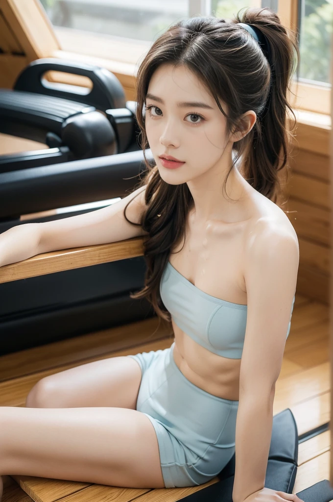 (((best quality))),(((ultra detailed))),(((masterpiece))),illustration,(1 beautiful girl,solo),((slim,thin)),((small breasts,flat chest)),(blush:1.5),summer afternoon,living room,sanctuary of tranquility,fitness,grace,(short ponytail:1.2),effortless elegance,((strapless light blue bra)),youthful radiance,enchanting,inspiring,(sitting on treadmill:1.3),body drenched in perspiration,(sweat:1.5),dedication,inner strength,determination,composed,focused,eyes,lush potted plant,greenery,life,vitality,soft sunlight,warm patches of light,wooden floor,fragrant cookies,cozy ambiance,attire,functional,fashionable,comfort,flexibility,curves,lightweight material,unrestricted movement,grip,treadmill's belt,propel,forward,serene expression,slight smile,lips,focused on horizon,visualizing goals,dreams,radiant beauty, comfortable clothing,determined spirit,captivating,inspiring image,essence of summertime fitness,self-care,((from front,close-up of face))