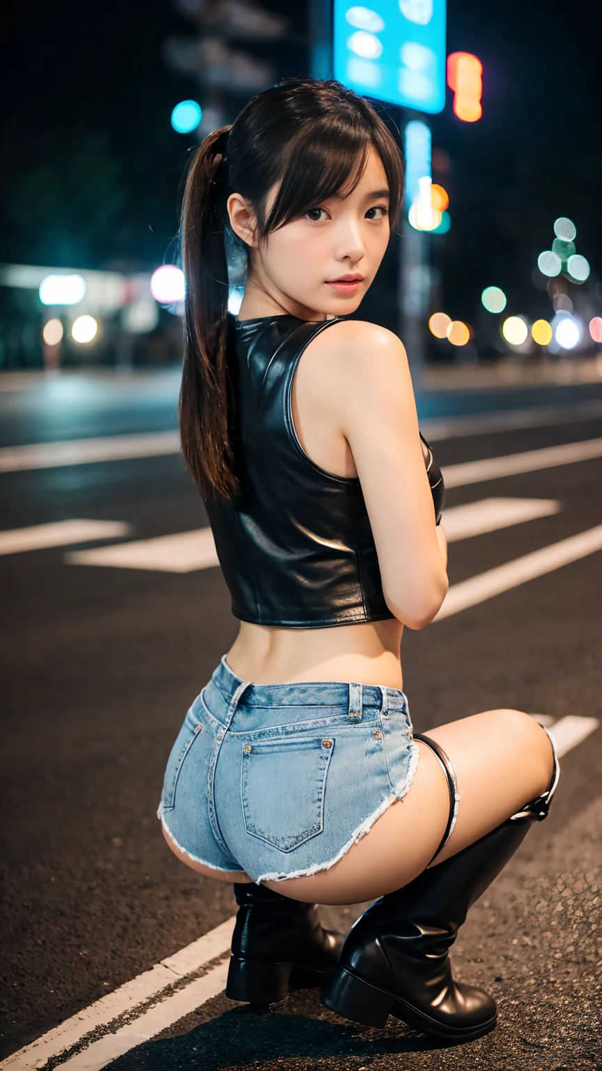 Roadside、Leather shorts、Short length G-jean、ponytail、Ultra HD、Realistic photos、Japanese beauty、8 heads、Toned body、Knee-high boots、Night、Beautiful ass、Squat、Astride a motorcycle