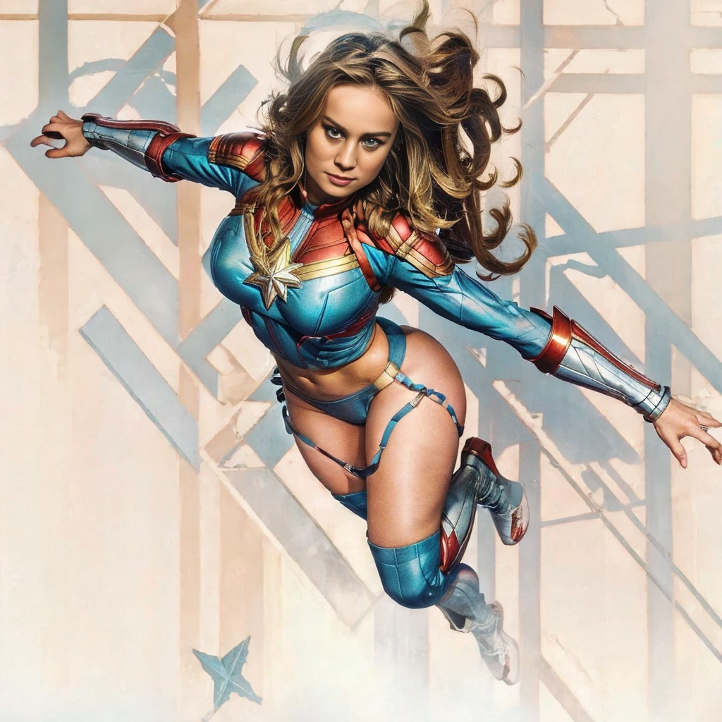 a girl, Brie Larson plays Captain Marvel, show her back, beautiful face, blue eyes, details face, kneeling, Get on all fours, ass rise up, head down, super huge breasts, huge ass, big legs, open legs, Convex, cameltoe，sexy bra, sexy thongs, sexy feet. background is beautiful Universal 