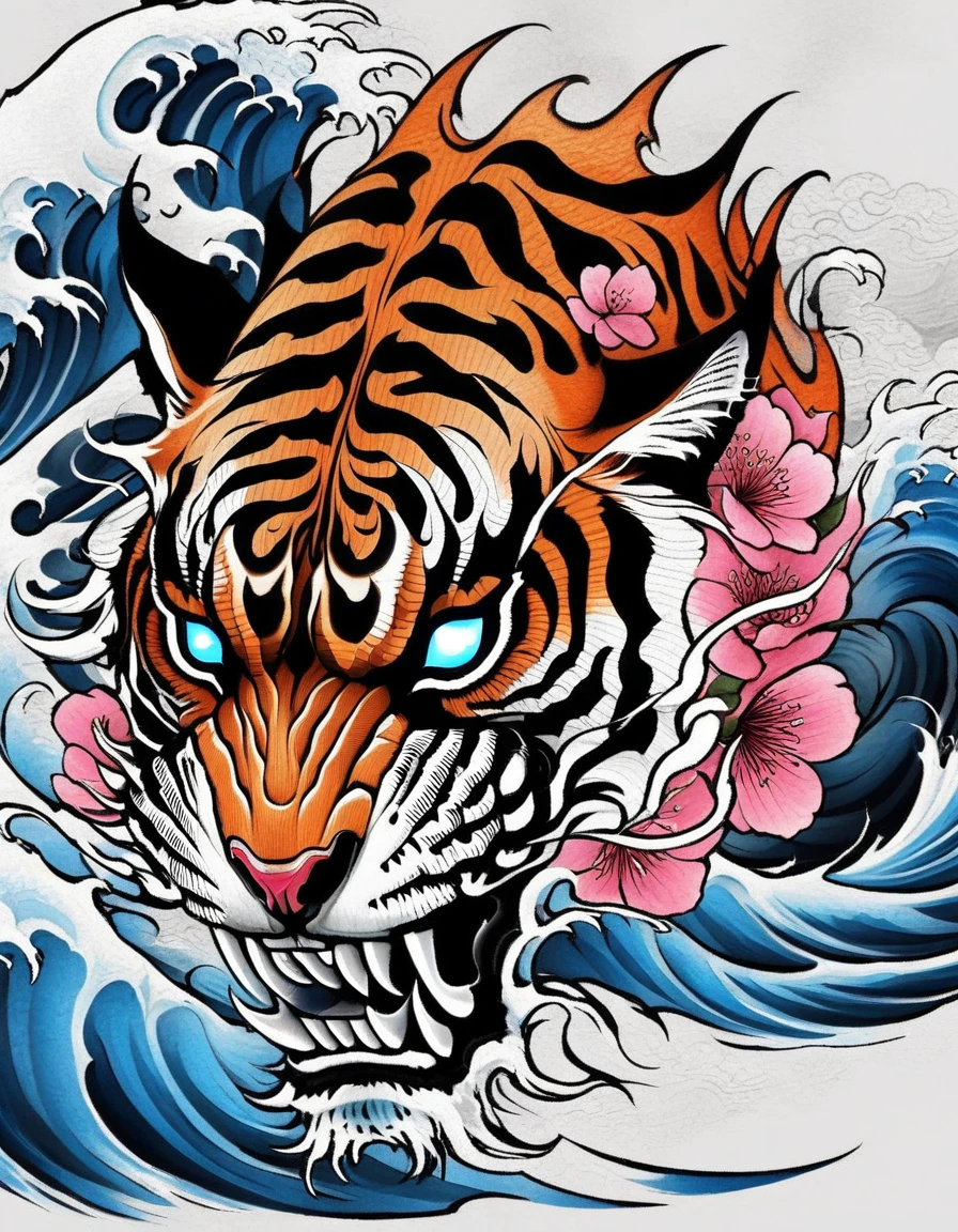 realistic tattoo art of Orange tiger with (((Blue eyes))) with pink sakura petal effect ,he is with open mouth looking very fierce and angry, the background is Japanese wave tattoo, (Unity 16K Wallpaper, masterpiece, Best Quality, high quality, Ultra-detailed, extremely details), a tattoo design, realistic tattoo art of Orange tiger with (((Blue eyes))) with pink sakura petal effect ,he is with open mouth looking very fierce and angry, the background is Japanese wave tattoo,
