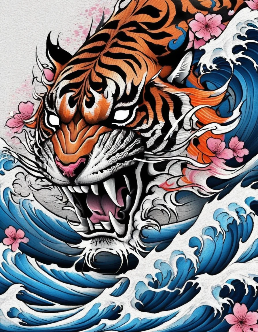 realistic tattoo art of Orange tiger with (((Blue eyes))) with pink sakura petal effect ,he is with open mouth looking very fierce and angry, the background is Japanese wave tattoo, (Unity 16K Wallpaper, masterpiece, Best Quality, high quality, Ultra-detailed, extremely details), a tattoo design, realistic tattoo art of Orange tiger with (((Blue eyes))) with pink sakura petal effect ,he is with open mouth looking very fierce and angry, the background is Japanese wave tattoo,
