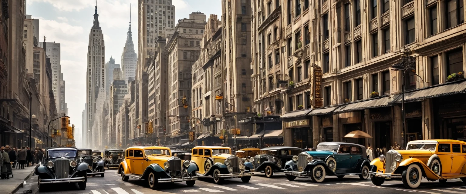 ((​masterpiece, high quality,)) the metropolis in the 1920s Art Deco style. Tall buildings with geometric shapes and ornate facades line the streets. 6 Vintage cars and elegantly dressed pedestrians add to the atmosphere of sophistication and glamour, New York City