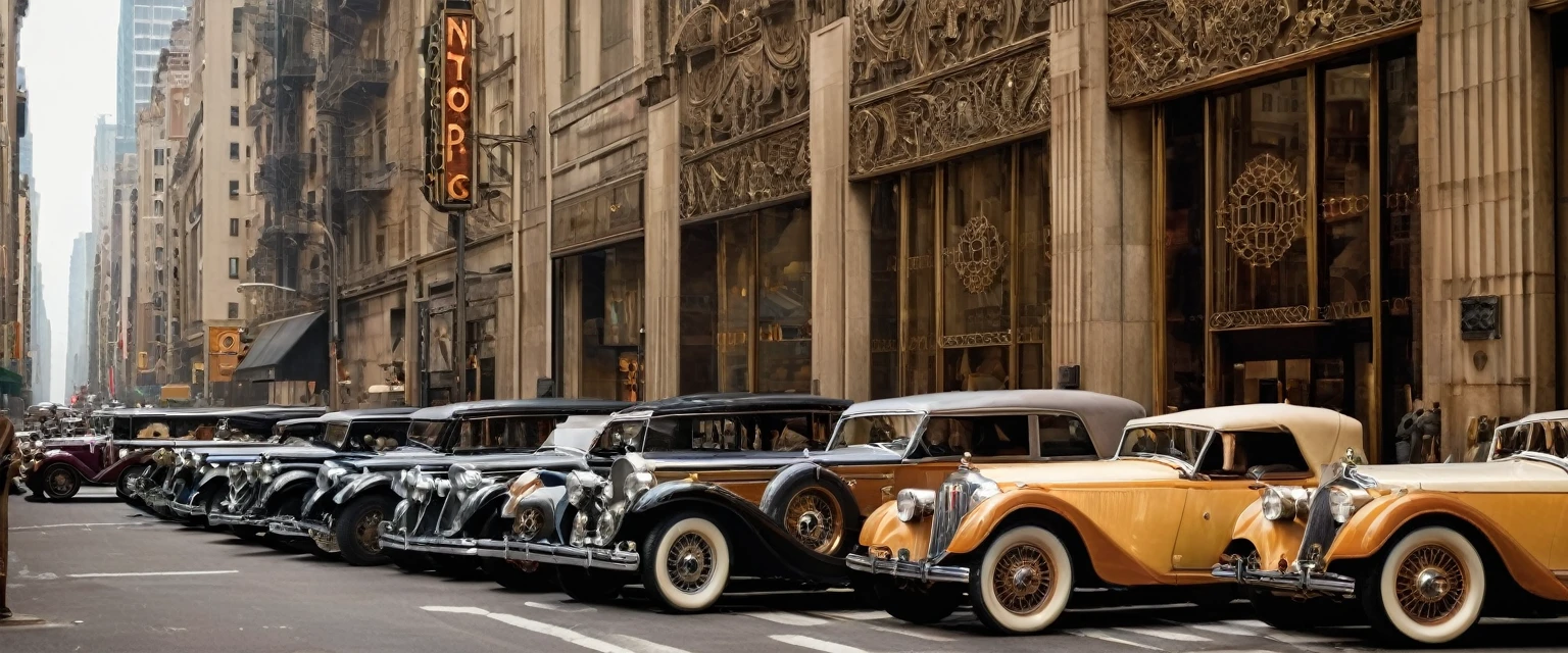 ((​masterpiece, high quality,)) the metropolis in the 1920s Art Deco style. Tall buildings with geometric shapes and ornate facades line the streets. 6 Vintage cars and elegantly dressed pedestrians add to the atmosphere of sophistication and glamour, New York City