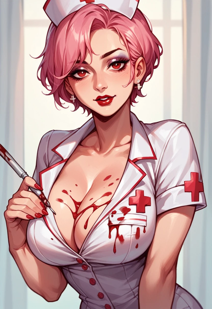 Gothic Nurse,short black hair,big boobies,wearing a black glove,psychopath look,showing breast nipples,holding an injection, haunted hospital