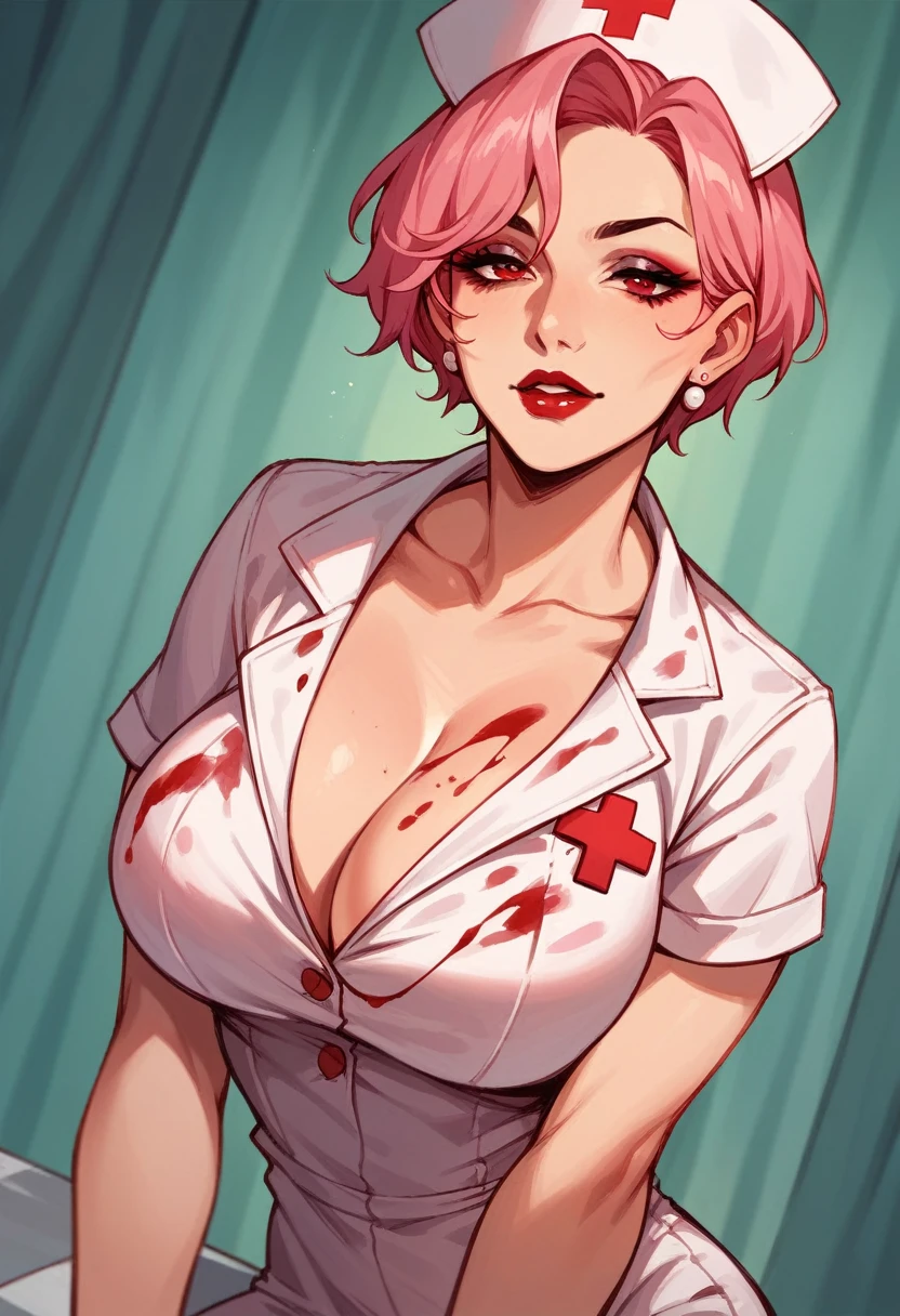 Mature woman, makeup, red lipstick, pink hair, red eyes, short hair, pink nurse suit, blood on clothes, sexy