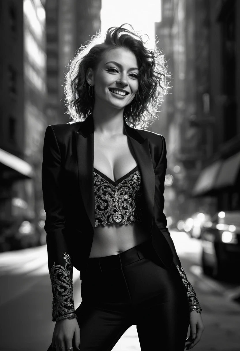 Ultra detailed, intricate detail, cinematic photo. intense backlight. Chiaroscuro. Beautiful face, intricate. Night in new york. Black and white, b&w, golden hour.
Award winning monochromatic photograph in extreme low angle full body portrait of shy smile, playful, strong Beautiful punk rock woman in very ornate tight black suit, Cleavage,. Posing smiling. Undercut, shaved redhead.
Caravaggio style. Vermeer, Goya, Caravaggio. Cleavage.