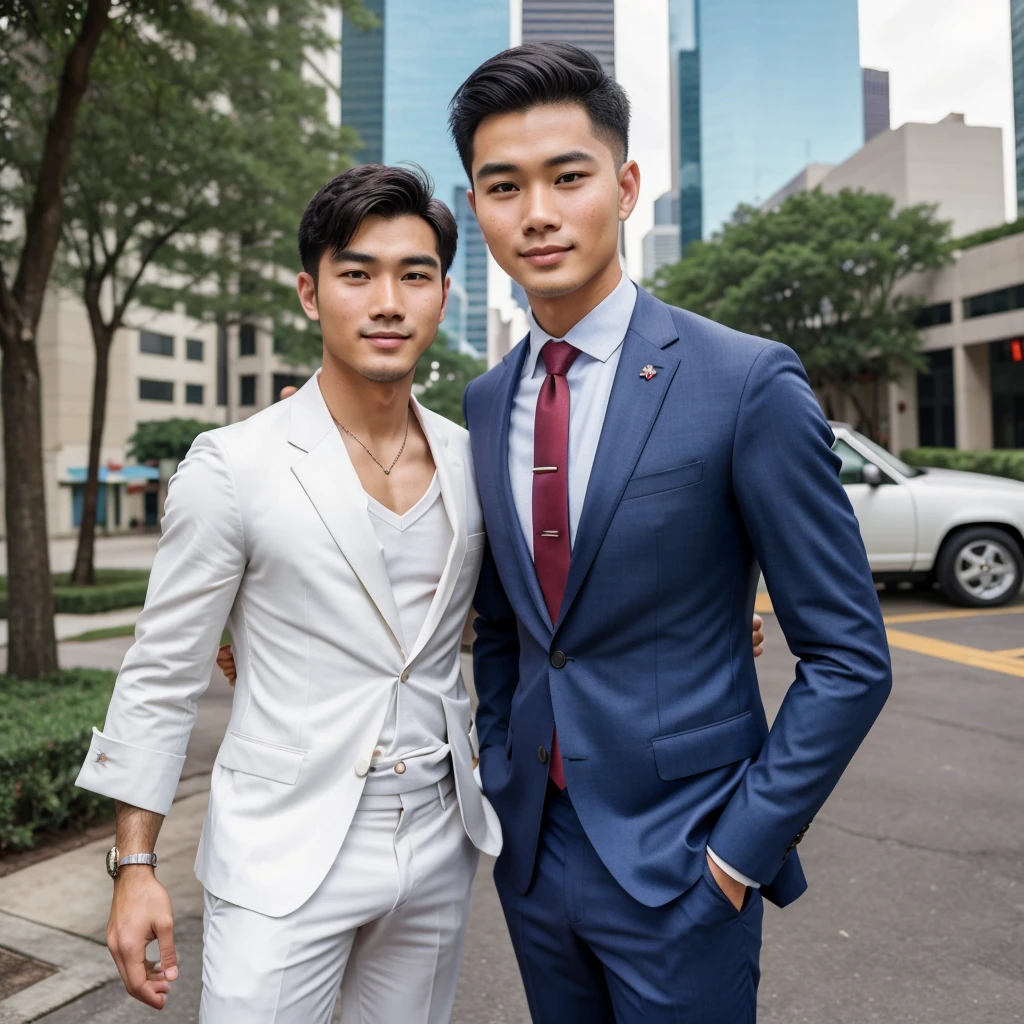 23 Years old Vietnemese handsome man, baby face,no mustache, nice suit, reporter, realistic, 8k, happy face, businees man, houston back ground, look straght to camera