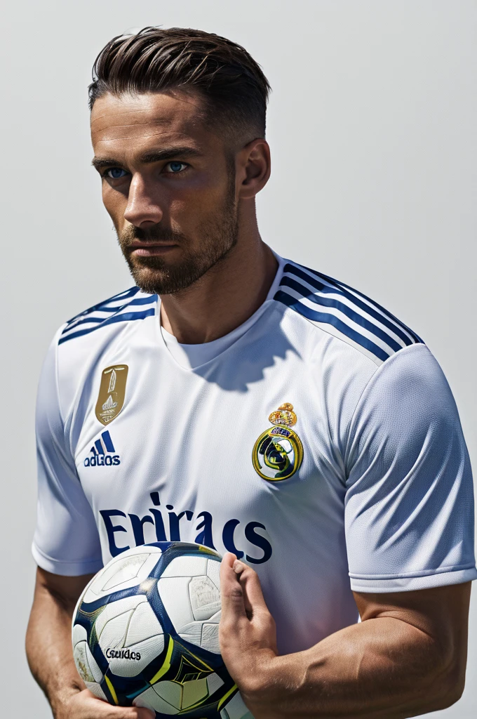 {{{Real Madrid}}}, light, {{Adidas soccer jersey on white background}}, {{{best quality}}}, {{{realistic}}}, {{{Detailed facial description}}}, realistic 눈동자, {{handsome western man}}, realistic 유니폼 주름, holding a soccer ball, {{{Real Madrid}}}, {{{soccer stadium}}}, Sponsor&#39;s name is Fly Emirates