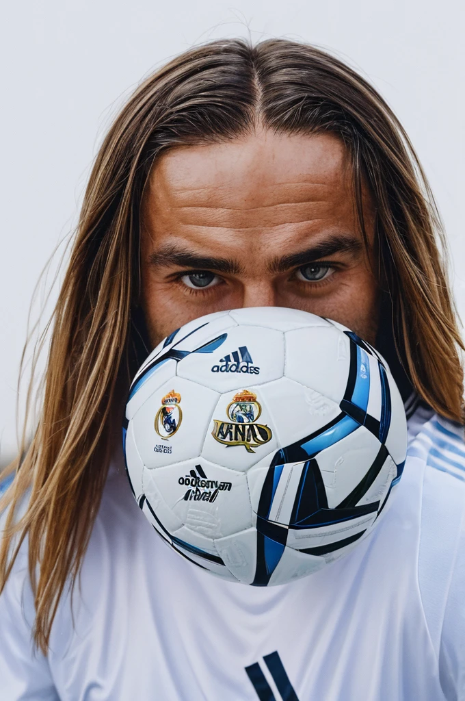 {{{Real Madrid}}}, light, {{Adidas soccer jersey on white background}}, {{{best quality}}}, {{{realistic}}}, {{{Detailed facial description}}}, realistic 눈동자, {{handsome western man}}, realistic 유니폼 주름, holding a soccer ball, {{{Real Madrid}}}, {{{soccer stadium}}}, Sponsor&#39;s name is Fly Emirates