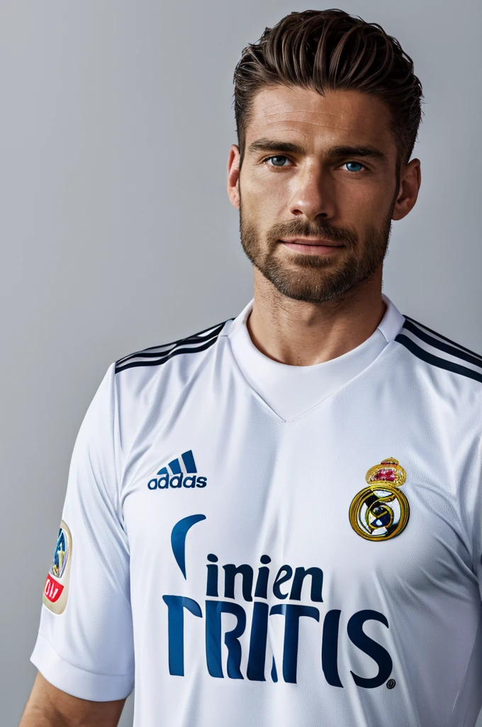 {{{Real Madrid}}}, light, {{Adidas soccer jersey on white background}}, {{{best quality}}}, {{{realistic}}}, {{{Detailed facial description}}}, realistic 눈동자, {{handsome western man}}, realistic 유니폼 주름, holding a soccer ball, {{{Real Madrid}}}, {{{soccer stadium}}}, Sponsor&#39;s name is Fly Emirates