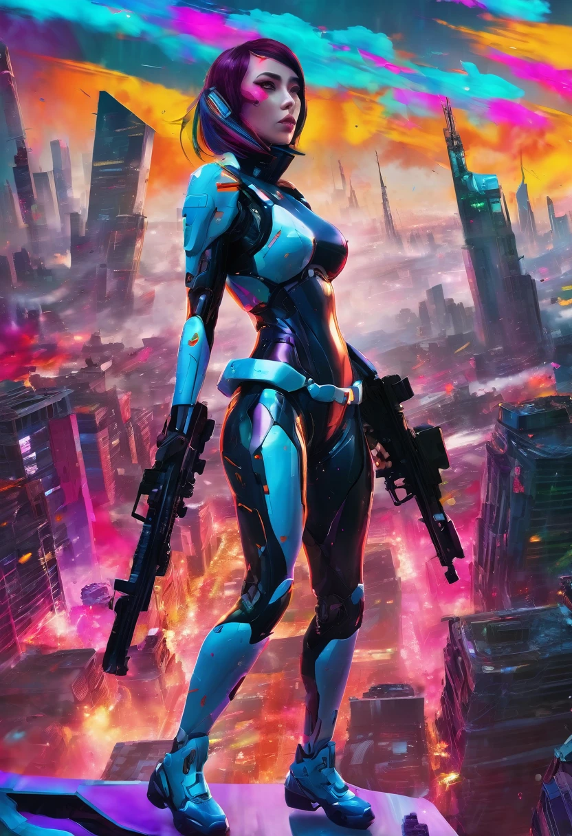 A futuristic android woman holding a large gun, standing in front of a chaotic and vibrant cityscape, with vivid colors and a sense of confusion and turmoil.